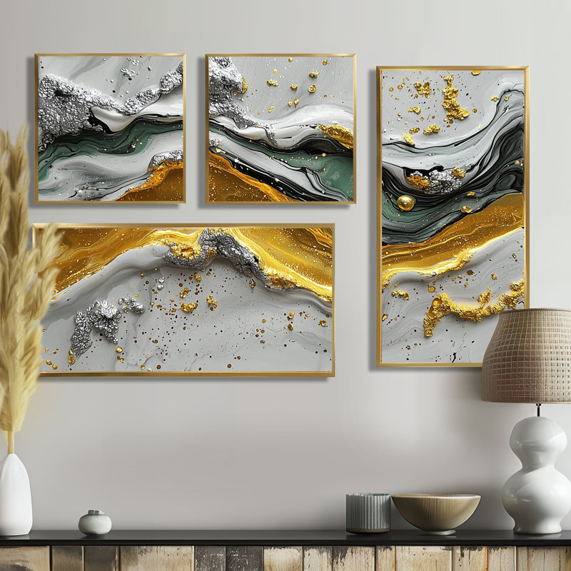 «Tranquil Divide», art mural abstrait grand art abstrait 4 pièces, Impression encadrée sans passe-partout, Doré