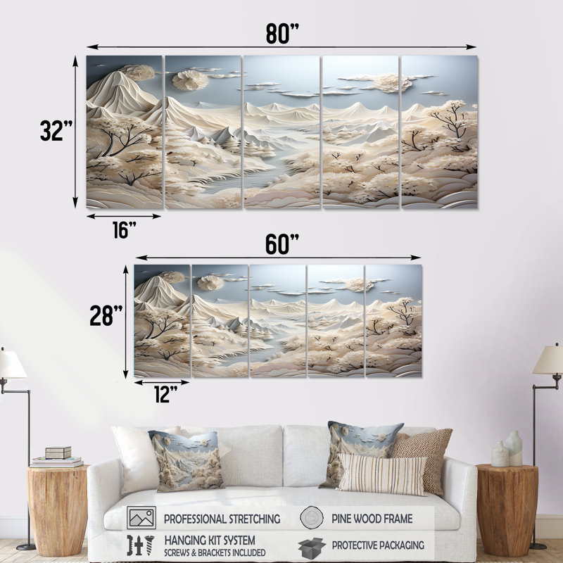 Abstrait montagnes enneigées d'hiver II - Paysages abstraits, art mural 5 pièces pour le salon, H 28 po x l 60 po