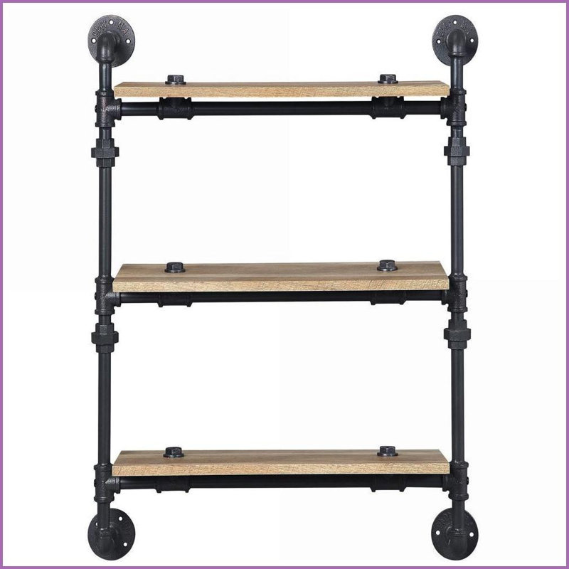 3-Tier Industrial Wall Shelf, Oak &amp; Sandy Black | Wood+Metal | Open Back
