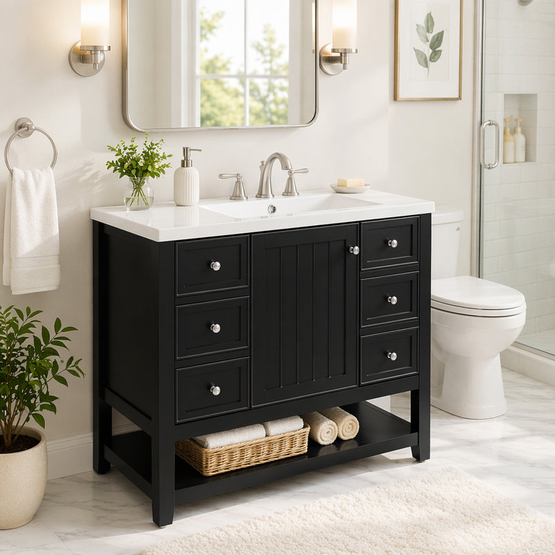 Meuble-lavabo 36 po avec lavabo et rangement polyvalent, Noir