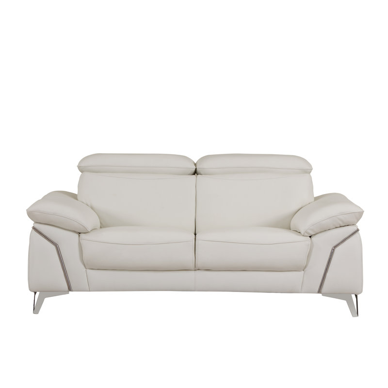 White Loveseat with Adjustable Headrest in Genuine Leather, White Genuine Leather