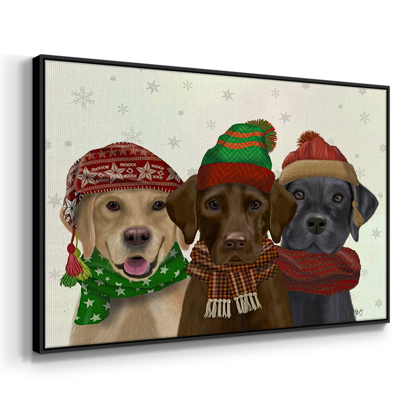 Christmas 3 Winter Labs, reproduction d'art sur toile, H 27 po x l 41 po x P 1,5 po, Cadre flottant noir