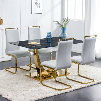 Modern Glam 5-Piece Faux Marble Dining Set with Faux Leather Cantilever Chairs