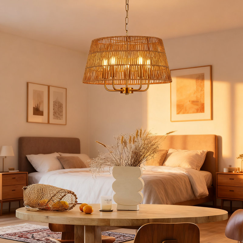 19.7/" Boho Rattan Chandelier Light Fixture - Hand-Woven Bamboo Drum Wicker Farmhouse Vintage 5-Light Golden Chandelier For Dining Room Kitchen Living Room