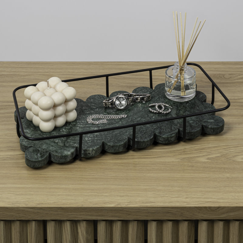 Monarch 12" x 6" Modern Industrial Metal/Marble Scalloped Base Vanity Tray, Green Marble/Black