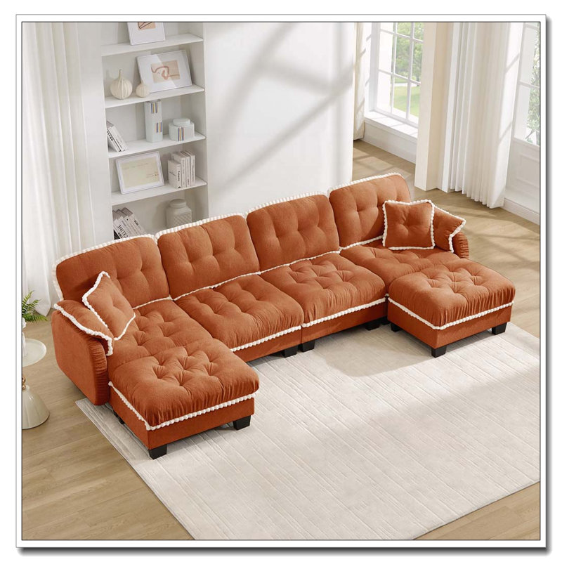 Canapé en chenille nuage en U avec repose-pieds et 4 coussins, orange, 4-Seater & 2-Ottoman, Orange