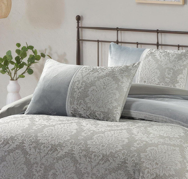 Polyester Damask Duvet Cover Set, Silver, Super King Duvet Cover + 2 Pillowcases