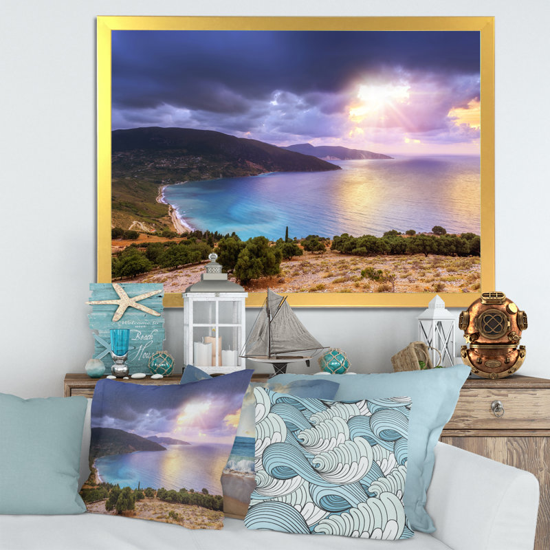 Été coucher de soleil sur la mer - art mural sur toile nautique et côtier, H 20 po x l 12 po x P 1 po, Cadre doré