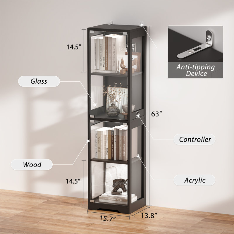 Glass Display Cabinet, 4-Tier Curio Cabinet with 3 Color Lights for Collectibles, Bookshelf with Door, Glass Display Case with Human Body Sensor, Black