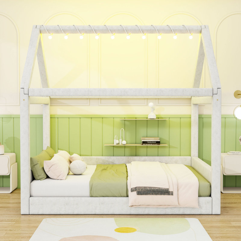 Full Upholstered House Daybed with LED Light Strips, Beige