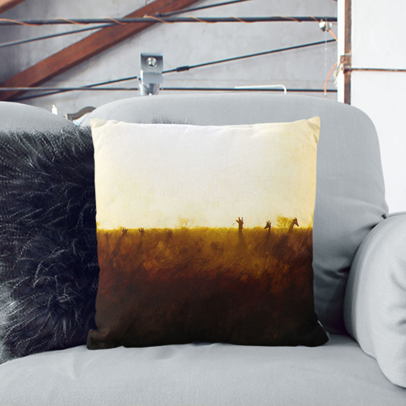 Giraffes at Sunset Painting Cushion with Filling, 40cm H x 40cm W x 15cm D