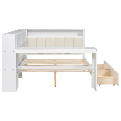 Full Size Platform Bed In Solid Wood, With 8 Storage Shelves, 2 Drawers, Charging, Led, Desk And Attractive Upholstered Headboard, Beige Trim Wood Built - Led For Illumination, Soft White Look