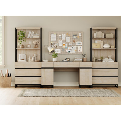 Ensemble de mobilier de bureau personnel: bureau de direction 59 po avec station de charge et armoire de rangement + bibliothèque haute de 72 po avec 6 tiroirs, bureau d'ordinateur moderne et bibliothèque, bois, bureau, beige