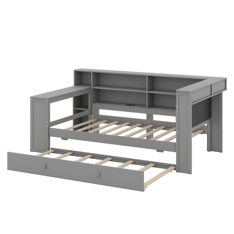 Upholstered Headboard Bed with Trundle, Storage Shelves, Desk & Charging Station, Grey+ Grey Cushion