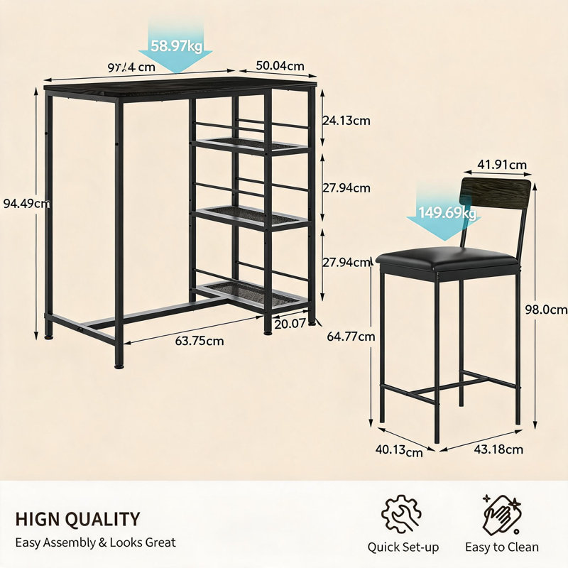 2 -Person Dining Set, Black, Black