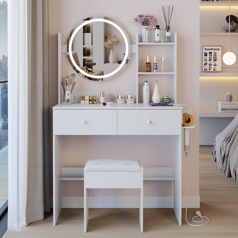 17" Round LED Mirror Vanity Table+Cushioned Stool, Equipped With 2 AC+2 USB Power Socket, Big Mirror, Touch Switch, 3 Colors, Adjustable Brightness, Large Desktop, Multi-Layer High Capacity Storage