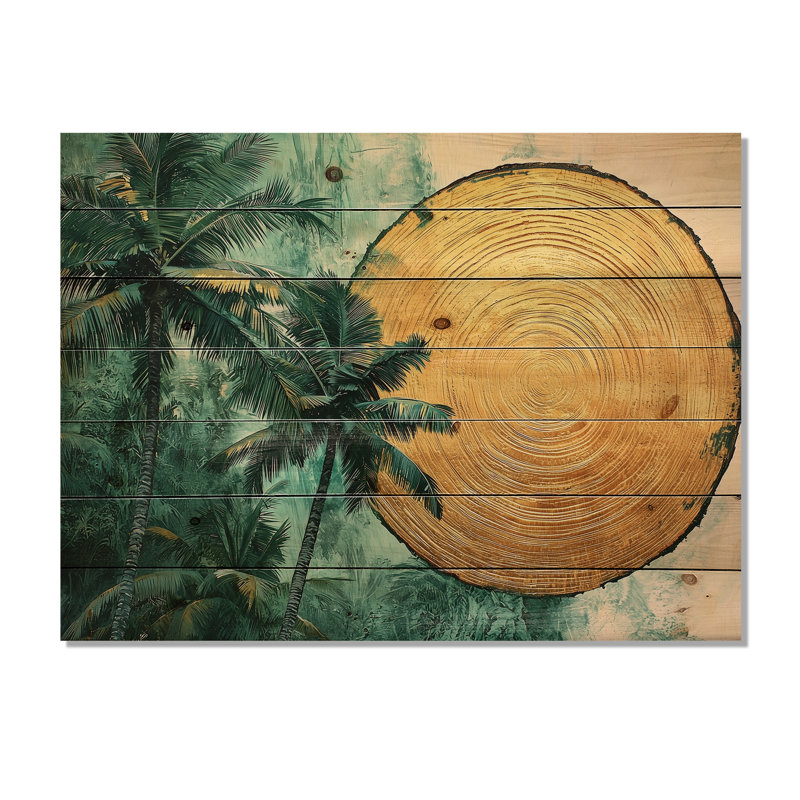 Émeraude, palmiers sur une forêt tropicale dorée II - palmiers et palmiers, art mural en bois, H 34 po x l 44 po x P 0,78 po