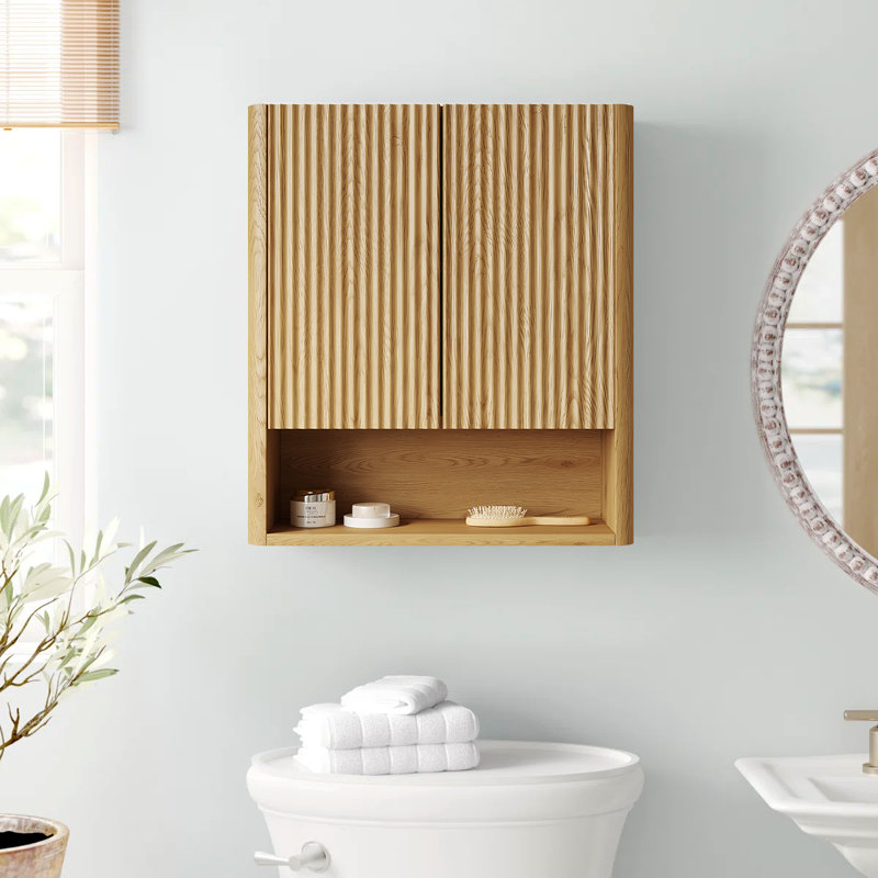 Modern 26" Golden Oak Wall-Mounted Striped Bathroom Cabinet