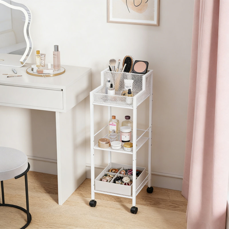 Metal 3-Tier Rolling Cart, Styling Tool & Makeup Organizer For Bathroom Vanity, White