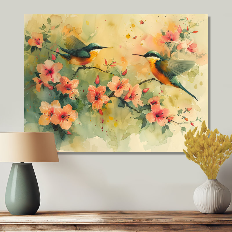 Fleurs jaunes et vertes d'Eden Birds IV - Art mural, salon, Toile encadrée noire simple, H 34 po x l 44 po x P 1,5 po