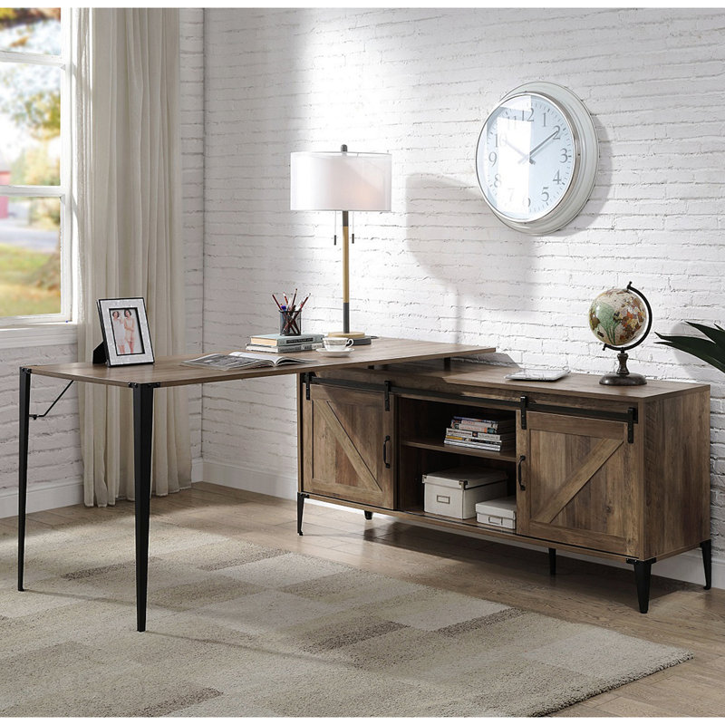 Bureau d'écriture en L avec armoire, chêne rustique et noir, H 31 po x l 65 po x P 65 po, Brown/Black,Brown
