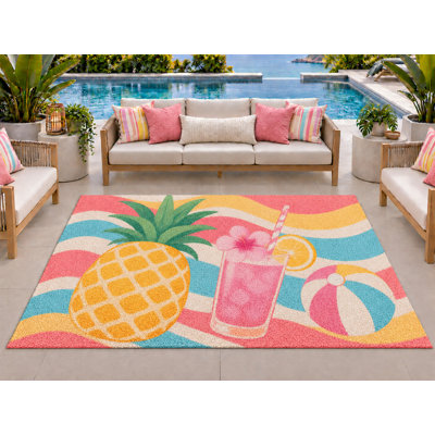 5’ x 7’ Outdoor Area Rug Pineapple Tropical Drink Beach Ball Colorful Waves, Heavyweight Waterproof PVC Coil Loop Carpet, Quick Dry Indoor Outdoor Mat for Poolside Patio Porch Deck Entryway Large Doormat