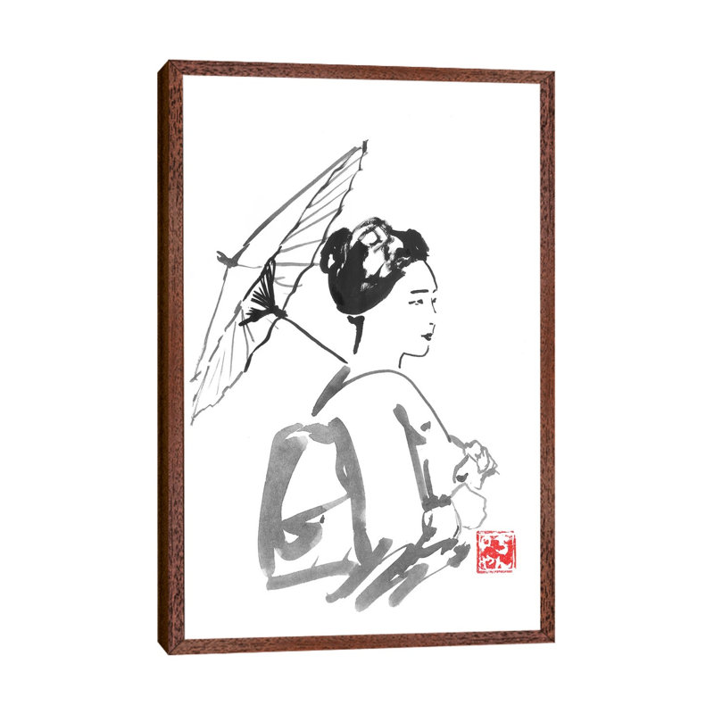Walking Geisha by Péchane - Print on Canvas, 66.04 cm H x 45.72 cm W, Classic Brown Wood Framed