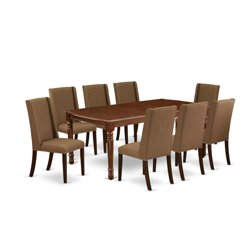 9 Piece Modern Dining Table Set Includes a Rectangle Wooden Table with Butterfly Leaf and 8 Brown Linen Fabric Parson Chairs, Mahogany