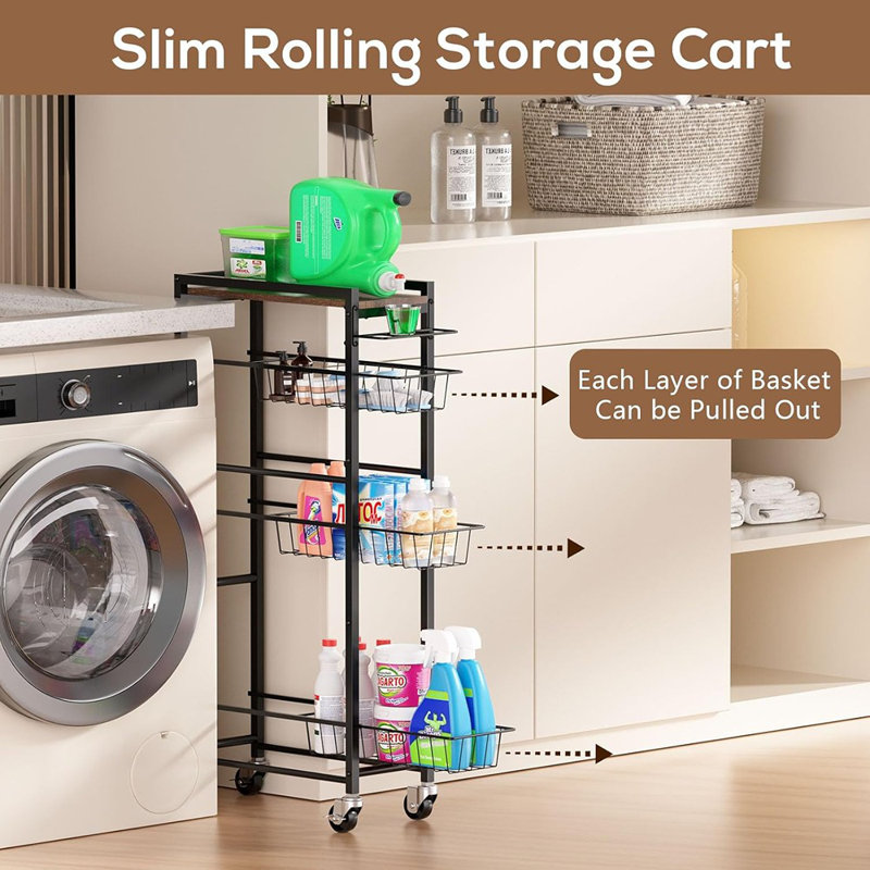 4 Tier Slim Rolling Storage Cart With Pull-Out Baskets, Narrow S...