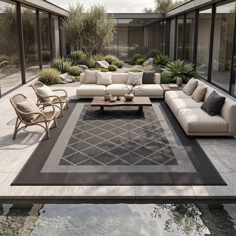 Tapis de paille en plastique imperméable Grid pour porche, terrasse, véhicule récréatif, balcon, cour arrière, Black