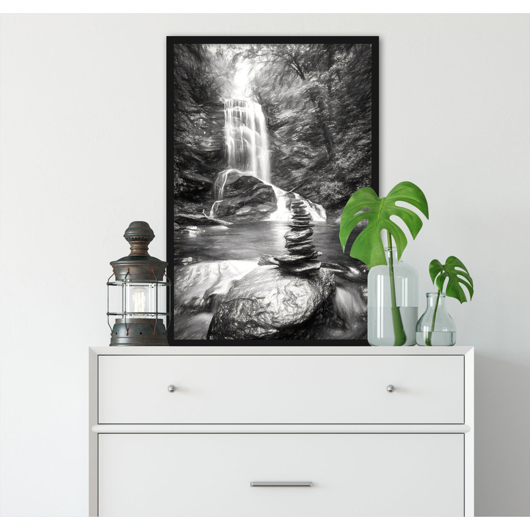 Gerahmtes Foto "Zen-Steine vor Wasserfall"