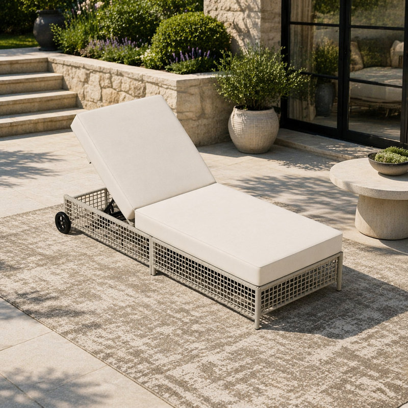 Chaise longue d'extérieur en rotin avec dossier à 5 positions, roues et coussin pour patio, piscine, jardin