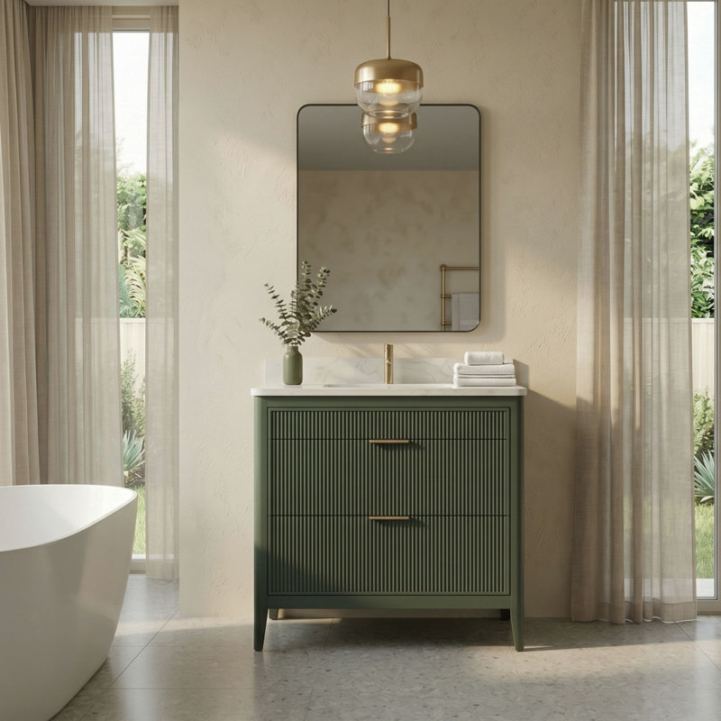 36'' Freestanding Single Sink Bathroom Vanity with 1.4'' Thick Engineered Stone Top and Solid Wood Frame, Sage Green