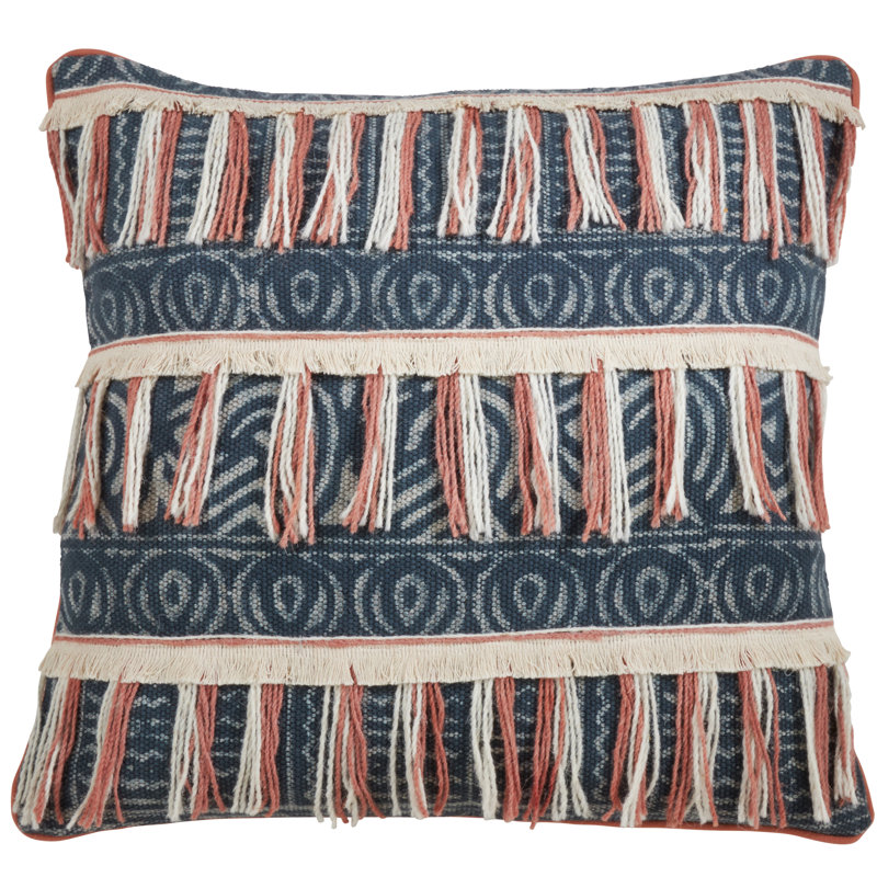 Blue and White Embroidered Fringed Square Pillow