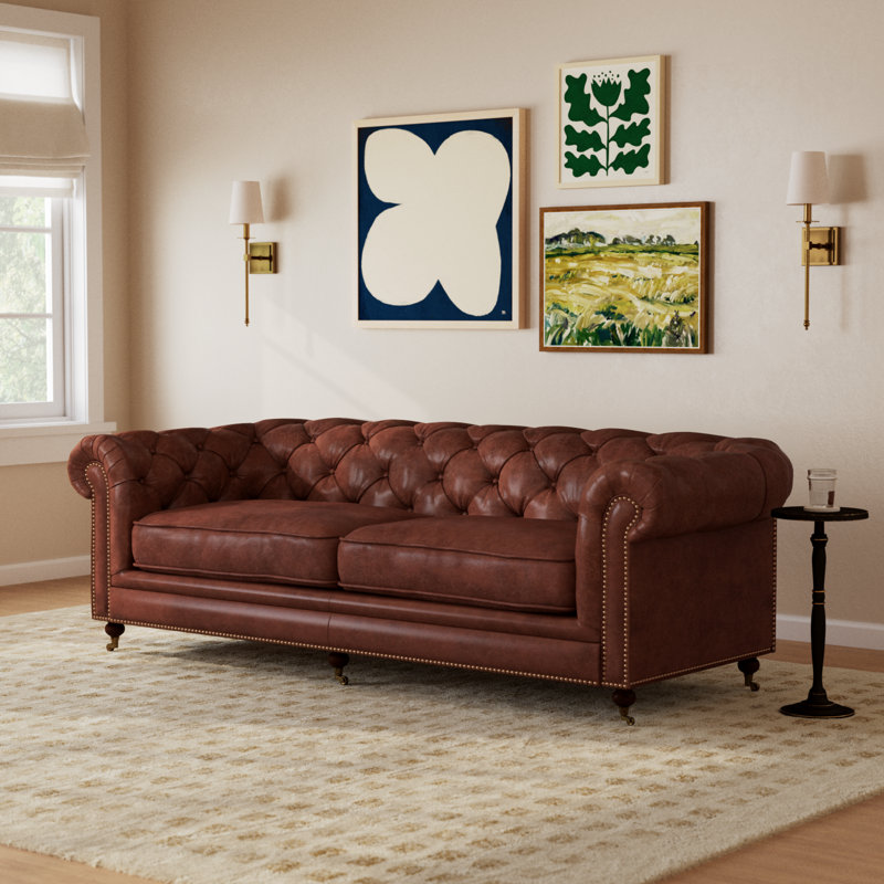 Idalia 87" Genuine Leather Rolled Arm Chesterfield Sofa with Reversible Cushions, Brown Genuine Leather