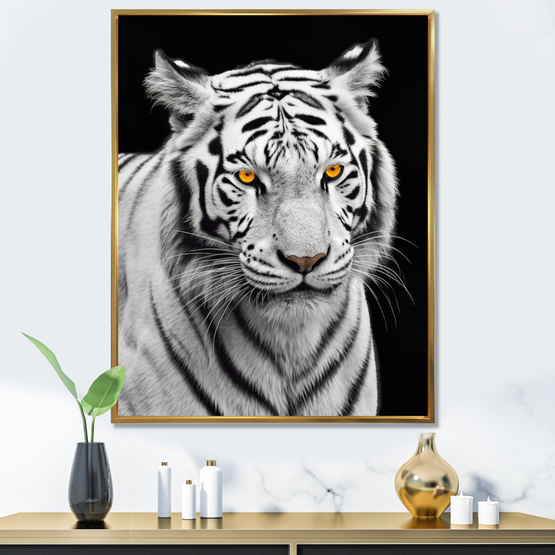 Tigre blanc féroce IV - reproduction sur toile, H 32 po x l 16 po x P 1 po, Cadre flottant doré