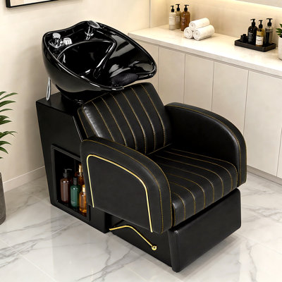 Freestanding Shampoo Bowl and Chair Set with Tilting Ceramics Sink and Faucet, All-in-One Backwash Station with Storage for Professional Salons and Spas