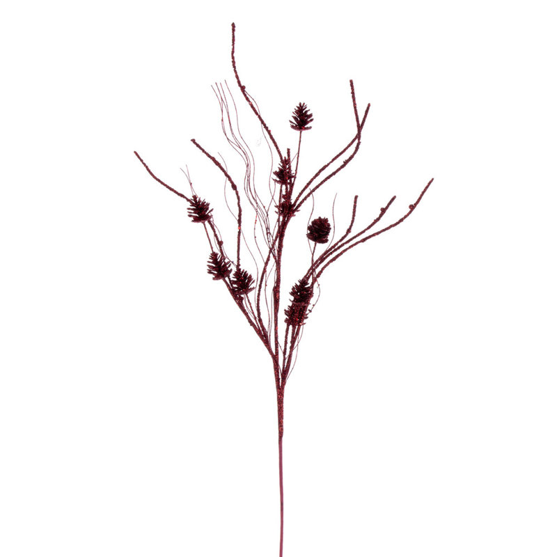 32" Mini Pinecone Twig Glitter Spray, 6 per bag., Burgundy Red