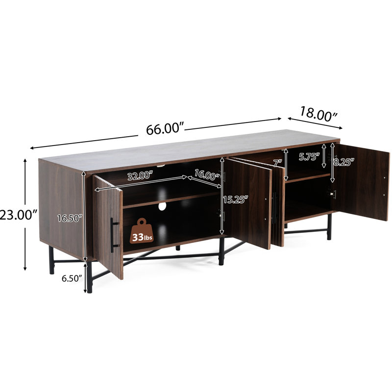 4-Door Tv Cabinet, Cable Management, Customizable Shelving, Chestnut, Home's Overall Look Functional Stand With Spacious Surface For Placement, 66"W * 18"D 23"H, Keep Media Equipment Organized