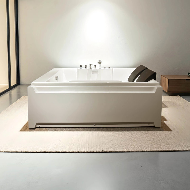 2 Person Bathtub With Hydro Massage And Color - Changing , 73" X 48" Size, 110 Gallons, Acrylic Material, 1Hp Motor Driven Jets, Pre Drilled Faucets, Glossy White, Rectangle Design, Polished Finish