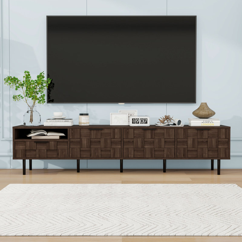 Modern TV Stand with Soft-Closing Cabinets, Drawer and Open Shelf for TVs Up to 85"