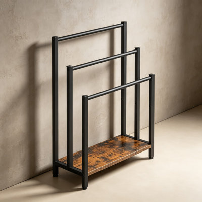 Free Standing Towel Rack, 3 Tier Blanket Rack, Industrial Metal Blanket Holder with Shelf, Rustic Brown and Black Finish, for Bathroom, Living Room, Laundry Room, Drying and Display Stand