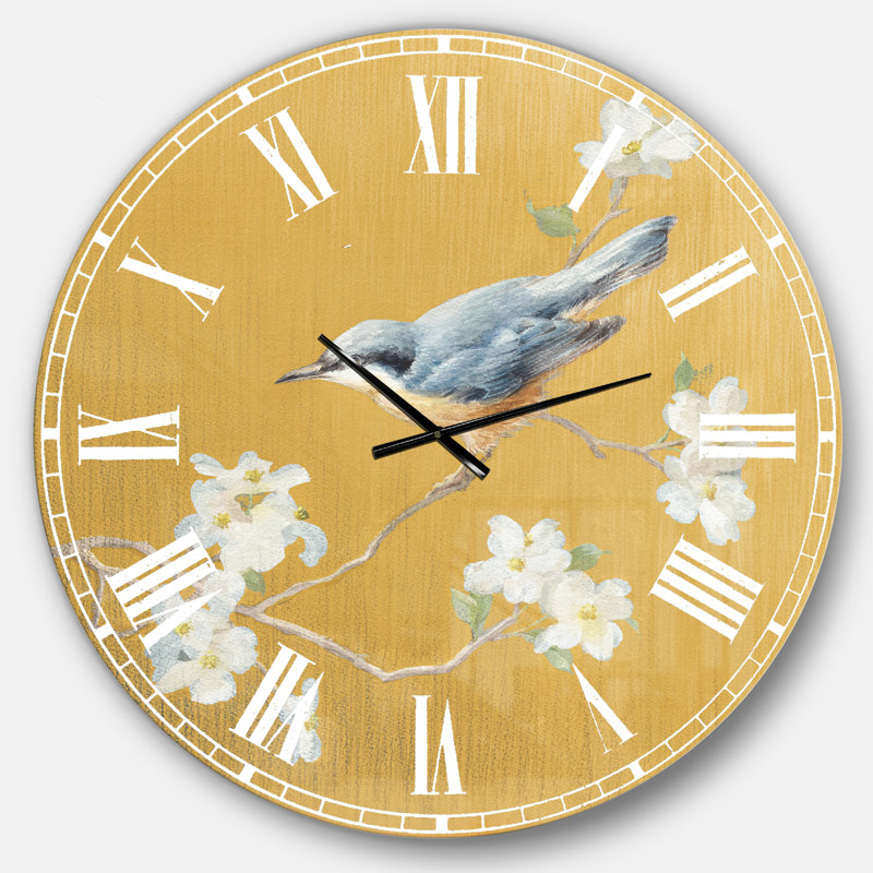 Horloge murale traditionnelle Gold Bird on Blossoms II, Surdimensionné