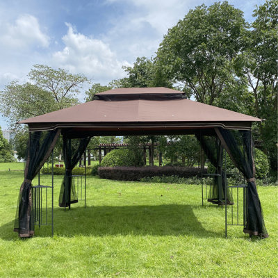 13X10 Outdoor Gazebo With Frame And Four Net - Brown Canopy For Lawn Removable Mesh