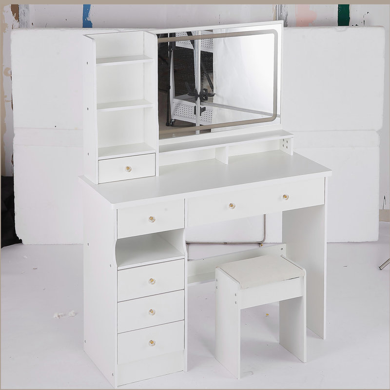 41" Large Size Left Drawer Desktop Vanity Table+Cushioned Stool, Extra Large Touch Control LED Mirror, 3-color Switch, Multi Layer High Capacity Storage Fashionable Dresser, Suitable For Large Space