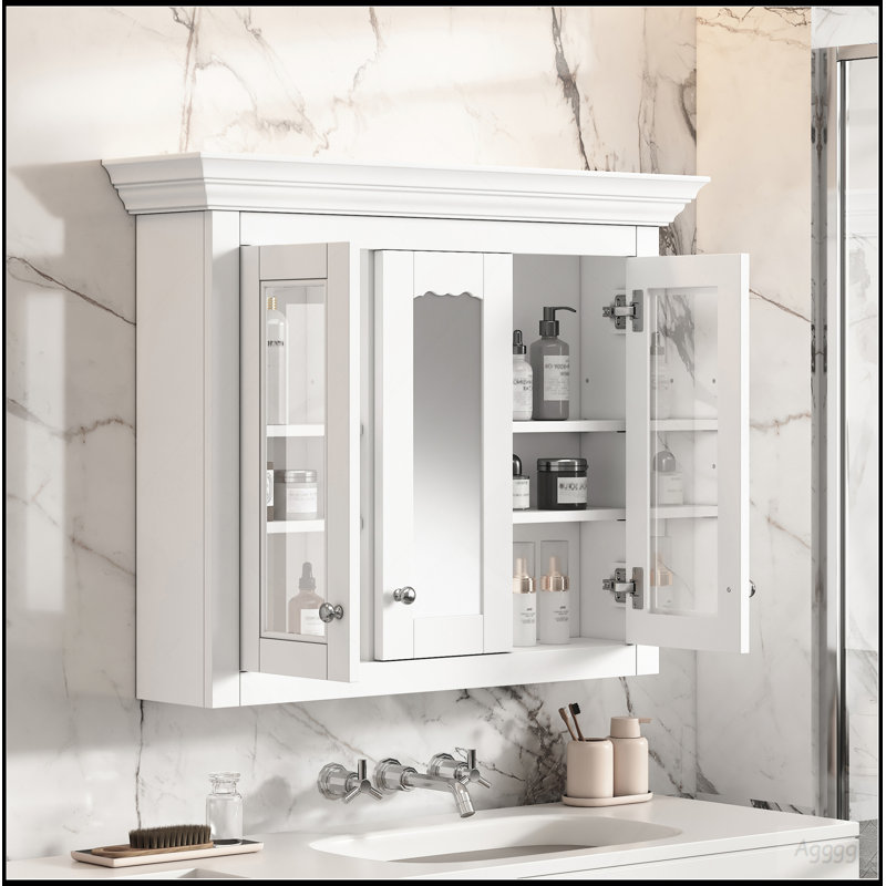 Armoire à pharmacie de 35 po avec miroir, 5 tablettes fermées et réglables, armoire de rangement murale avec portes en verre