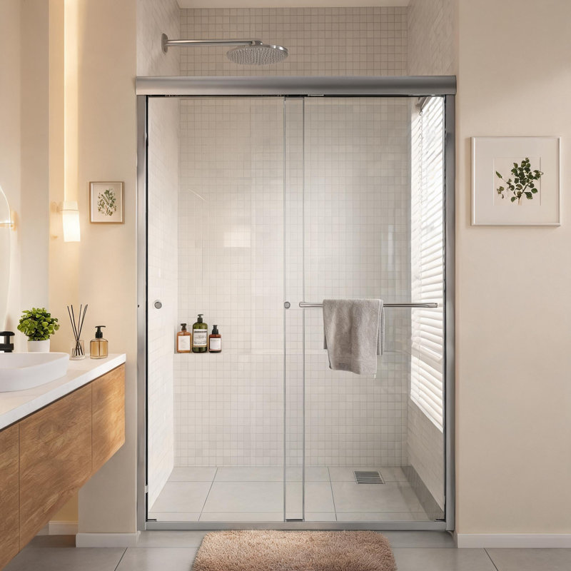 Porte de douche coulissante double semi-encadrée chromée de 44 à 48 pouces avec verre trempé de 6 mm et poignées en acier inoxydable