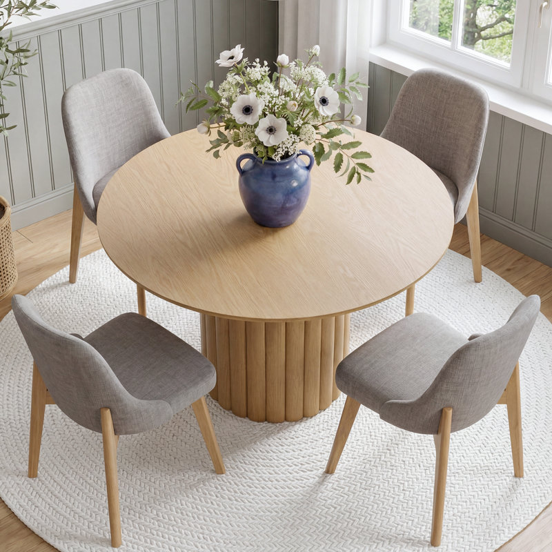 4 - Person Modern Round Dining Set With 4 Upholstered Chairs, Light Gray