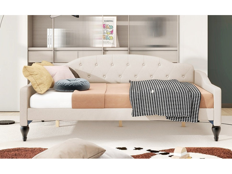 Lit de jour double capitonné avec structure et tissu beige (aucun sommier requis)