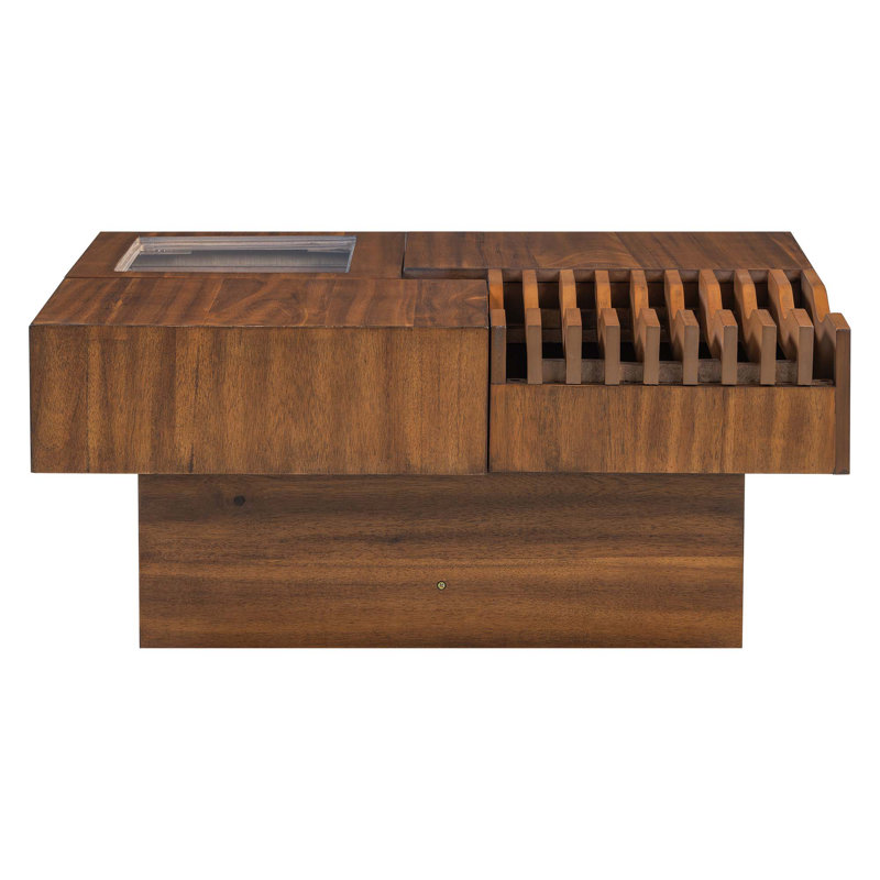 Table basse de 33 po Mid Century Modern, table basse carrée unique en bois avec 3 tiroirs, pieds en verre trempé et en bois massif pour le salon
